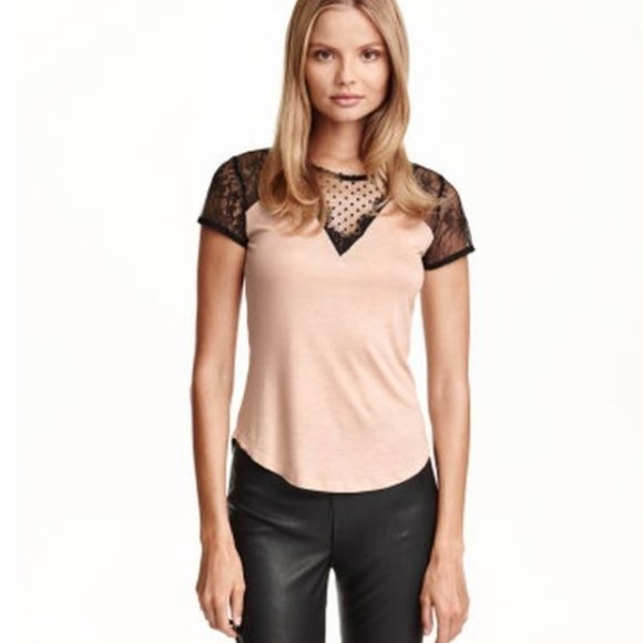*H&M Blush Pink and Black Lace V Neck T Shirt Blouse - Picture 1 of 4